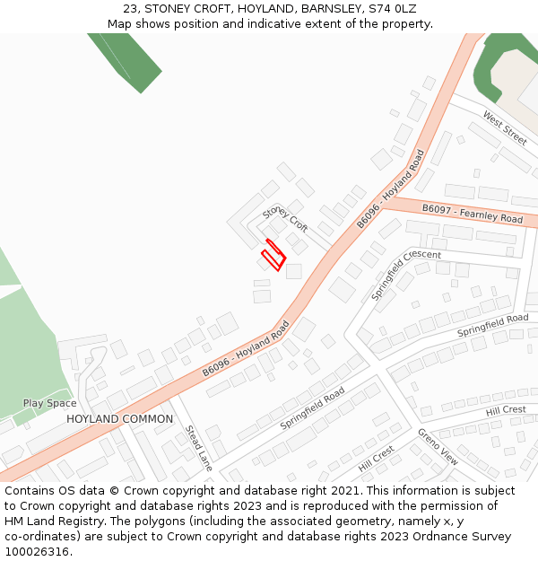 23, STONEY CROFT, HOYLAND, BARNSLEY, S74 0LZ: Location map and indicative extent of plot