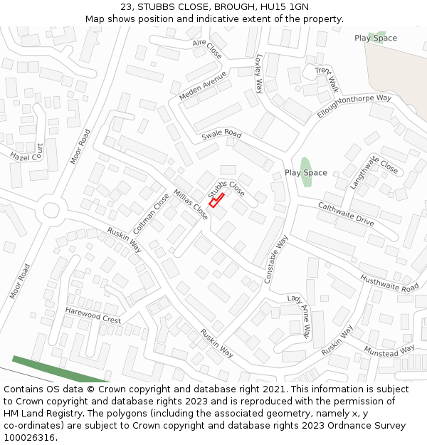 23, STUBBS CLOSE, BROUGH, HU15 1GN: Location map and indicative extent of plot