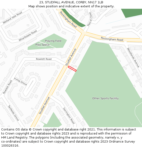 23, STUDFALL AVENUE, CORBY, NN17 1LB: Location map and indicative extent of plot