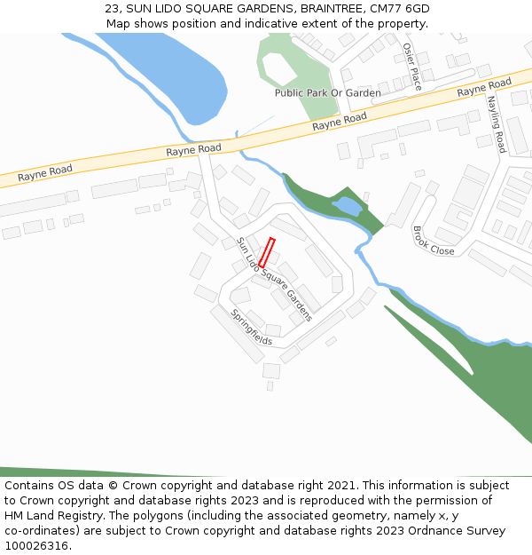 23, SUN LIDO SQUARE GARDENS, BRAINTREE, CM77 6GD: Location map and indicative extent of plot