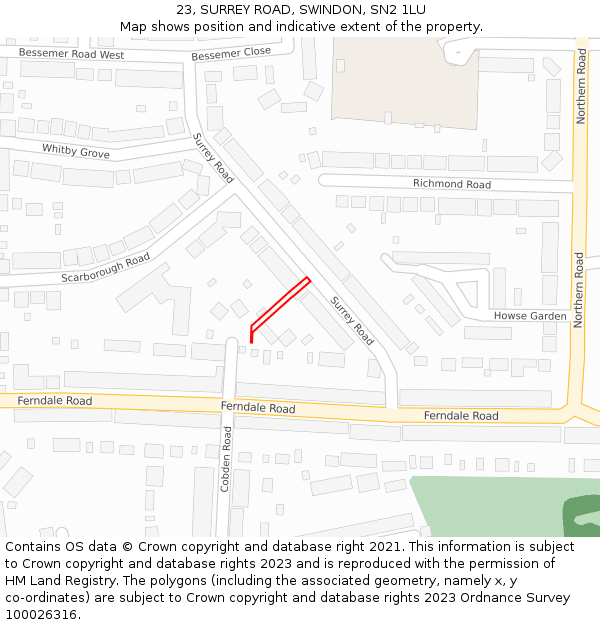 23, SURREY ROAD, SWINDON, SN2 1LU: Location map and indicative extent of plot