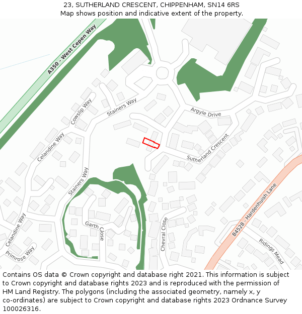 23, SUTHERLAND CRESCENT, CHIPPENHAM, SN14 6RS: Location map and indicative extent of plot