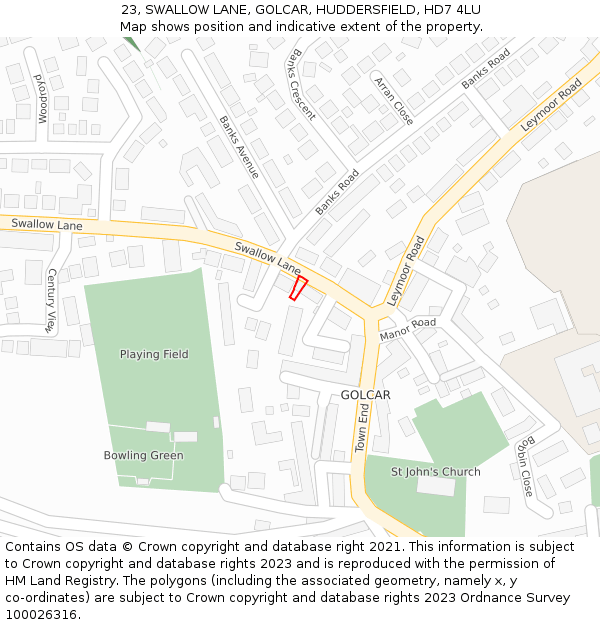 23, SWALLOW LANE, GOLCAR, HUDDERSFIELD, HD7 4LU: Location map and indicative extent of plot