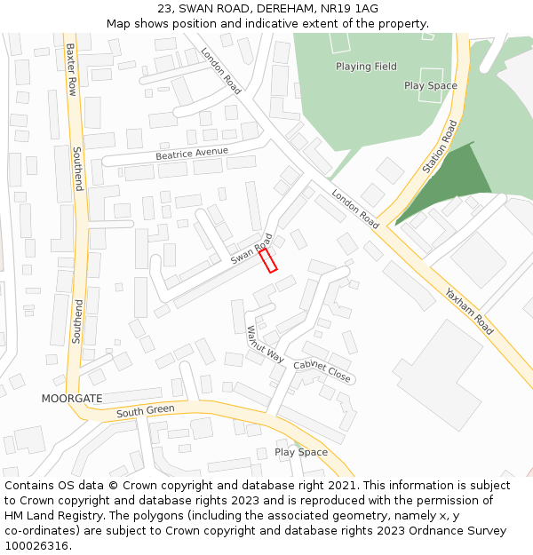 23, SWAN ROAD, DEREHAM, NR19 1AG: Location map and indicative extent of plot