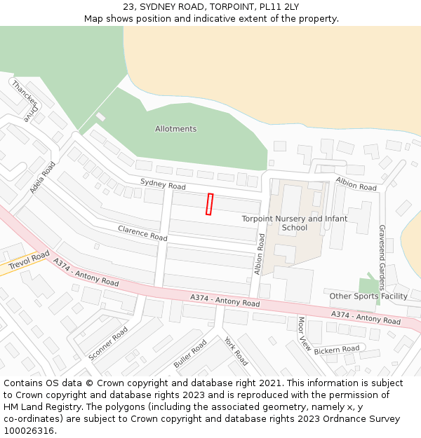 23, SYDNEY ROAD, TORPOINT, PL11 2LY: Location map and indicative extent of plot