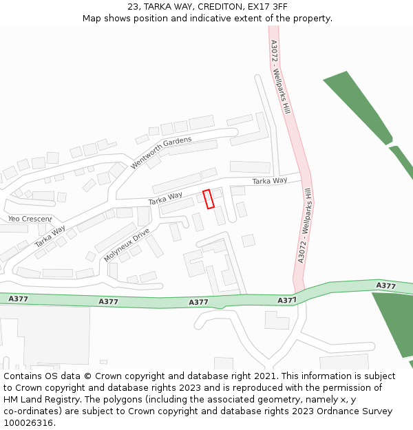 23, TARKA WAY, CREDITON, EX17 3FF: Location map and indicative extent of plot