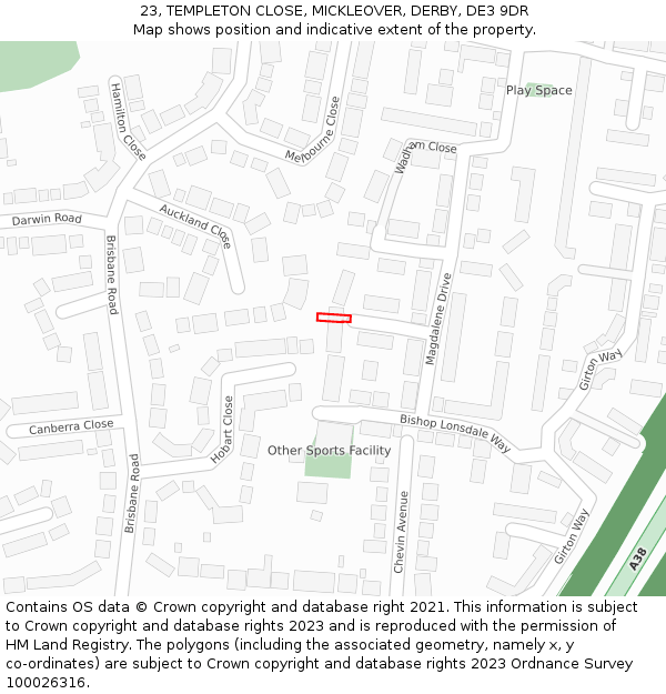 23, TEMPLETON CLOSE, MICKLEOVER, DERBY, DE3 9DR: Location map and indicative extent of plot