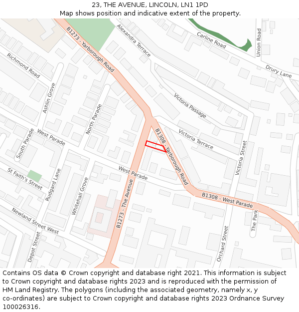 23, THE AVENUE, LINCOLN, LN1 1PD: Location map and indicative extent of plot