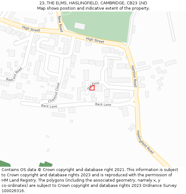 23, THE ELMS, HASLINGFIELD, CAMBRIDGE, CB23 1ND: Location map and indicative extent of plot