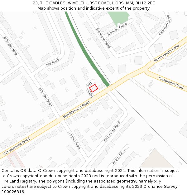 23, THE GABLES, WIMBLEHURST ROAD, HORSHAM, RH12 2EE: Location map and indicative extent of plot