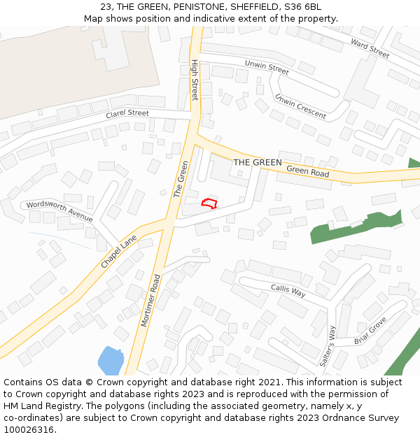 23, THE GREEN, PENISTONE, SHEFFIELD, S36 6BL: Location map and indicative extent of plot