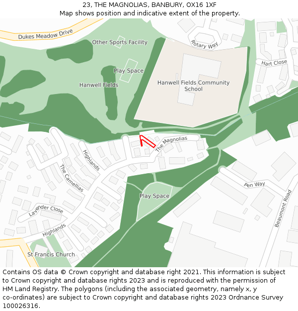 23, THE MAGNOLIAS, BANBURY, OX16 1XF: Location map and indicative extent of plot