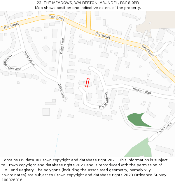 23, THE MEADOWS, WALBERTON, ARUNDEL, BN18 0PB: Location map and indicative extent of plot