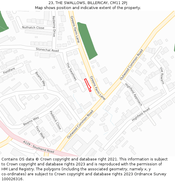 23, THE SWALLOWS, BILLERICAY, CM11 2PJ: Location map and indicative extent of plot