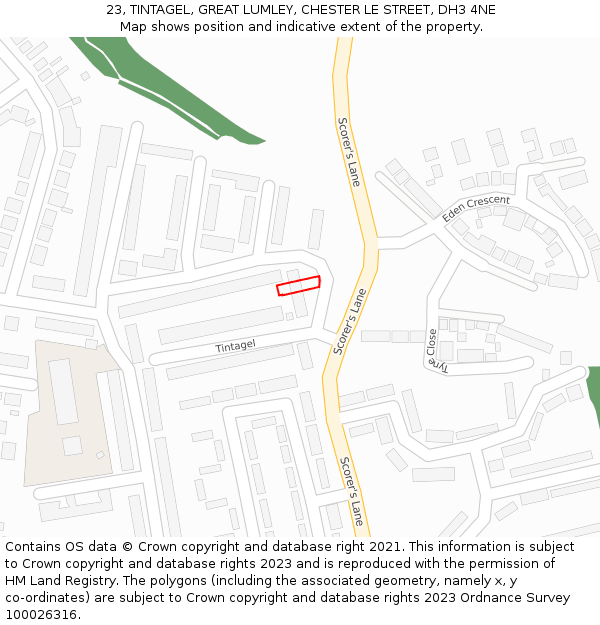 23, TINTAGEL, GREAT LUMLEY, CHESTER LE STREET, DH3 4NE: Location map and indicative extent of plot