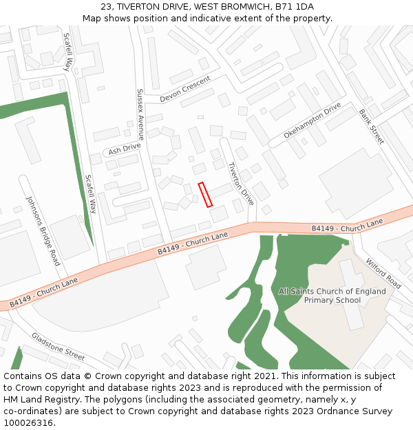 23, TIVERTON DRIVE, WEST BROMWICH, B71 1DA: Location map and indicative extent of plot