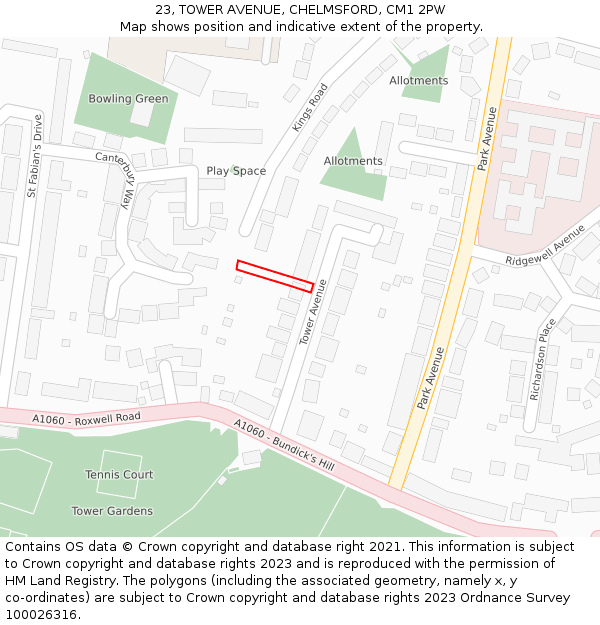 23, TOWER AVENUE, CHELMSFORD, CM1 2PW: Location map and indicative extent of plot