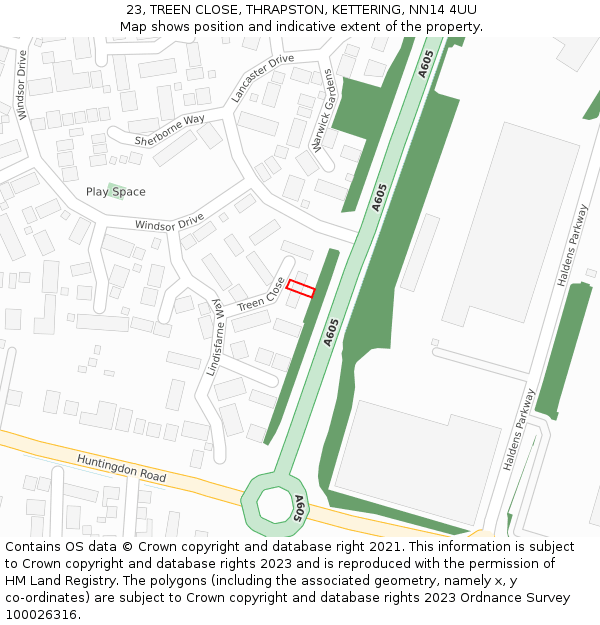 23, TREEN CLOSE, THRAPSTON, KETTERING, NN14 4UU: Location map and indicative extent of plot