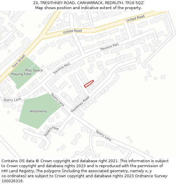 23, TRESITHNEY ROAD, CARHARRACK, REDRUTH, TR16 5QZ: Location map and indicative extent of plot