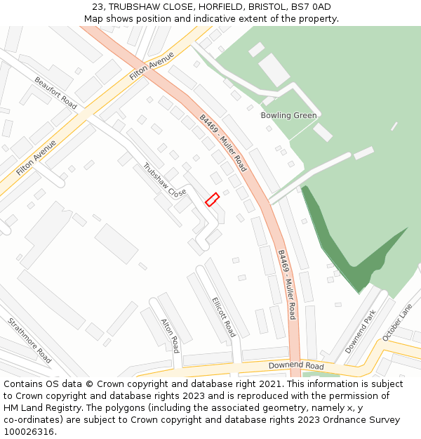 23, TRUBSHAW CLOSE, HORFIELD, BRISTOL, BS7 0AD: Location map and indicative extent of plot