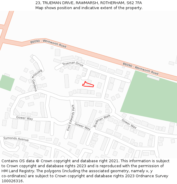 23, TRUEMAN DRIVE, RAWMARSH, ROTHERHAM, S62 7FA: Location map and indicative extent of plot