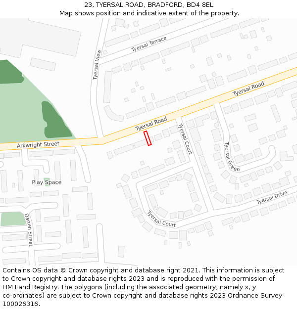 23, TYERSAL ROAD, BRADFORD, BD4 8EL: Location map and indicative extent of plot