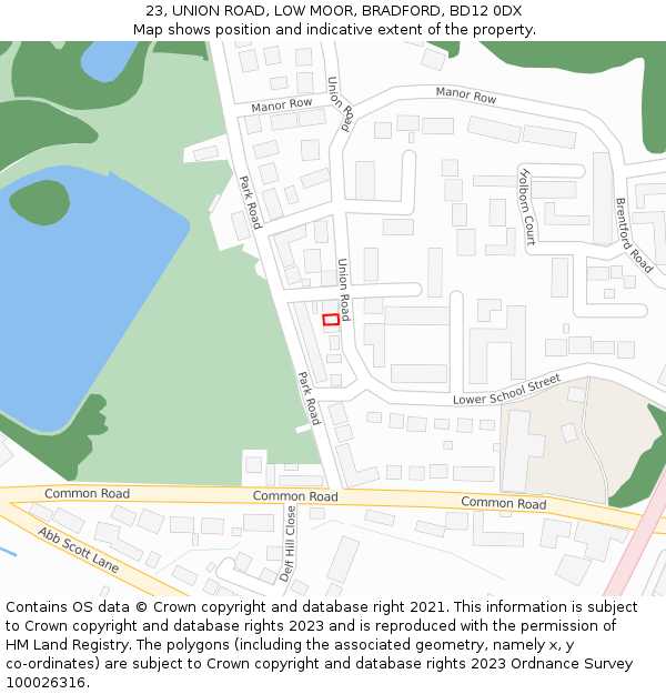 23, UNION ROAD, LOW MOOR, BRADFORD, BD12 0DX: Location map and indicative extent of plot