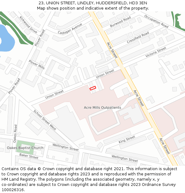 23, UNION STREET, LINDLEY, HUDDERSFIELD, HD3 3EN: Location map and indicative extent of plot