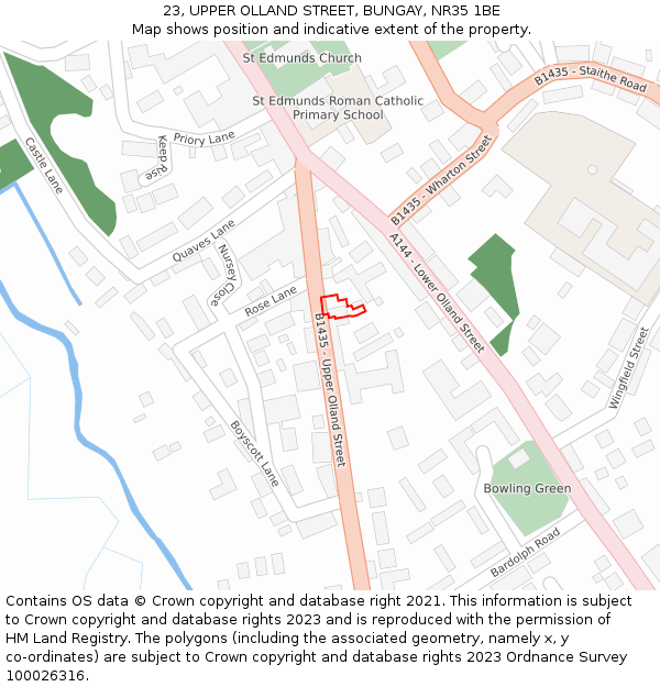 23, UPPER OLLAND STREET, BUNGAY, NR35 1BE: Location map and indicative extent of plot