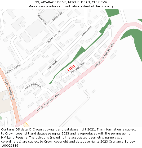 23, VICARAGE DRIVE, MITCHELDEAN, GL17 0XW: Location map and indicative extent of plot