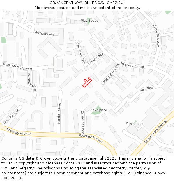23, VINCENT WAY, BILLERICAY, CM12 0UJ: Location map and indicative extent of plot