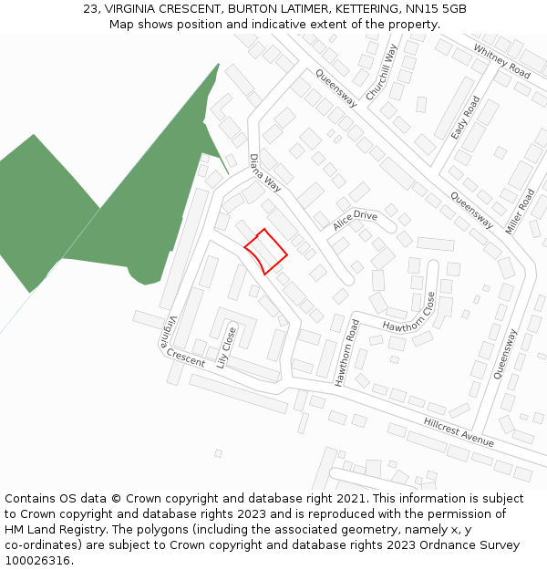23, VIRGINIA CRESCENT, BURTON LATIMER, KETTERING, NN15 5GB: Location map and indicative extent of plot