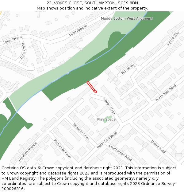 23, VOKES CLOSE, SOUTHAMPTON, SO19 8BN: Location map and indicative extent of plot