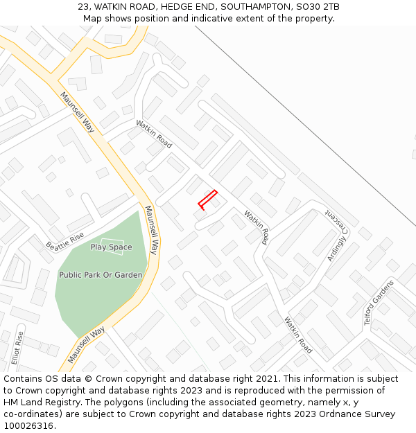 23, WATKIN ROAD, HEDGE END, SOUTHAMPTON, SO30 2TB: Location map and indicative extent of plot