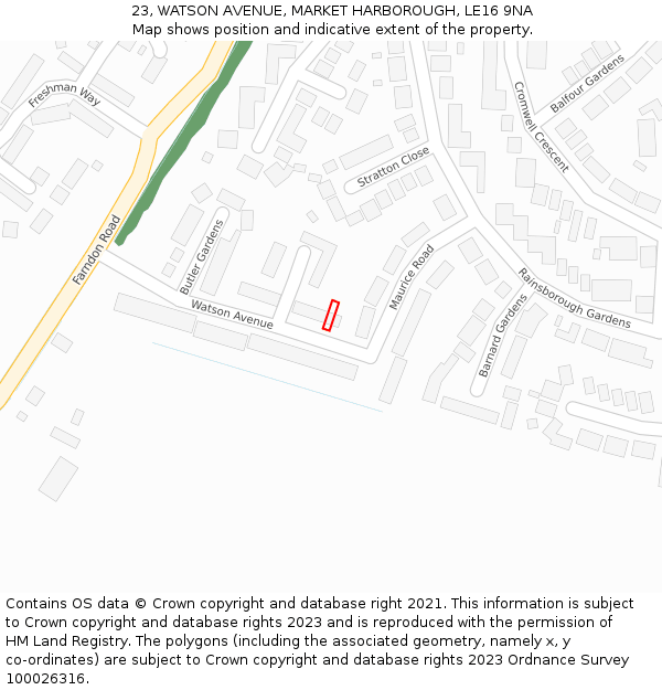 23, WATSON AVENUE, MARKET HARBOROUGH, LE16 9NA: Location map and indicative extent of plot