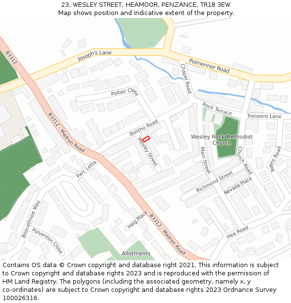 23, WESLEY STREET, HEAMOOR, PENZANCE, TR18 3EW: Location map and indicative extent of plot