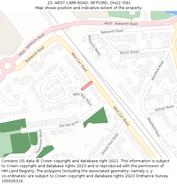 23, WEST CARR ROAD, RETFORD, DN22 7NN: Location map and indicative extent of plot