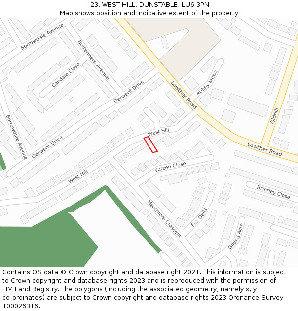 23, WEST HILL, DUNSTABLE, LU6 3PN: Location map and indicative extent of plot