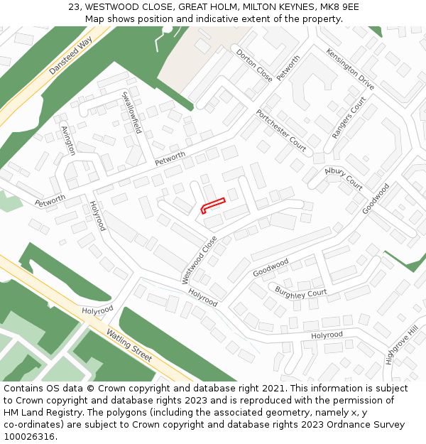 23, WESTWOOD CLOSE, GREAT HOLM, MILTON KEYNES, MK8 9EE: Location map and indicative extent of plot