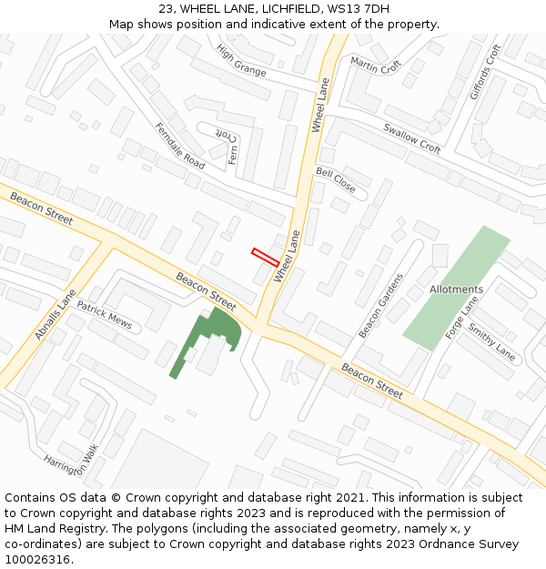 23, WHEEL LANE, LICHFIELD, WS13 7DH: Location map and indicative extent of plot