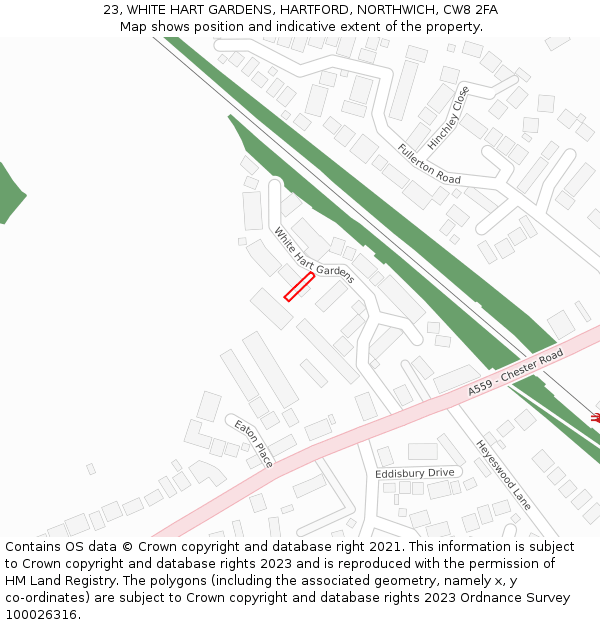 23, WHITE HART GARDENS, HARTFORD, NORTHWICH, CW8 2FA: Location map and indicative extent of plot