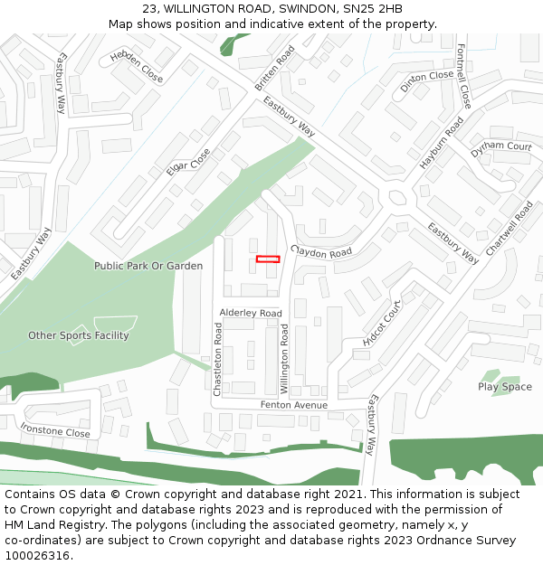 23, WILLINGTON ROAD, SWINDON, SN25 2HB: Location map and indicative extent of plot