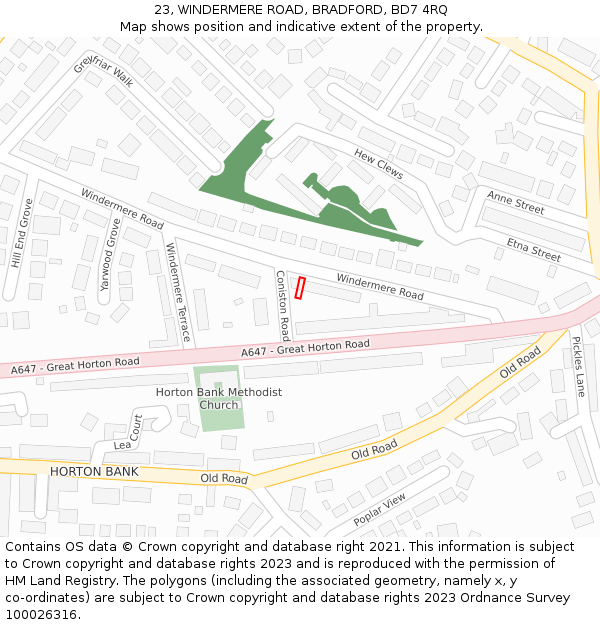 23, WINDERMERE ROAD, BRADFORD, BD7 4RQ: Location map and indicative extent of plot