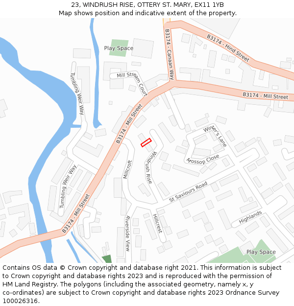 23, WINDRUSH RISE, OTTERY ST. MARY, EX11 1YB: Location map and indicative extent of plot