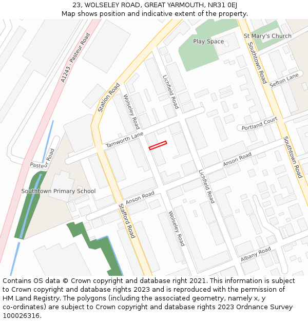 23, WOLSELEY ROAD, GREAT YARMOUTH, NR31 0EJ: Location map and indicative extent of plot