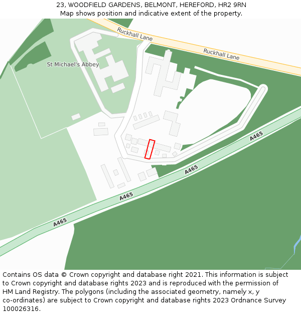 23, WOODFIELD GARDENS, BELMONT, HEREFORD, HR2 9RN: Location map and indicative extent of plot
