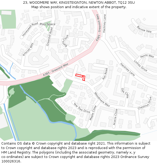 23, WOODMERE WAY, KINGSTEIGNTON, NEWTON ABBOT, TQ12 3SU: Location map and indicative extent of plot
