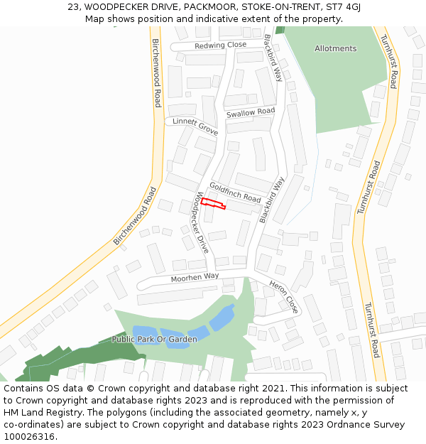23, WOODPECKER DRIVE, PACKMOOR, STOKE-ON-TRENT, ST7 4GJ: Location map and indicative extent of plot