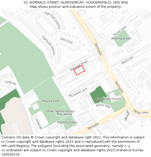 23, WORMALD STREET, ALMONDBURY, HUDDERSFIELD, HD5 8NQ: Location map and indicative extent of plot