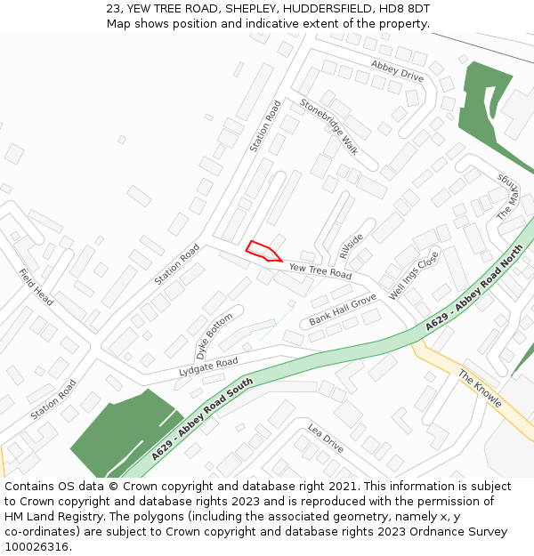 23, YEW TREE ROAD, SHEPLEY, HUDDERSFIELD, HD8 8DT: Location map and indicative extent of plot